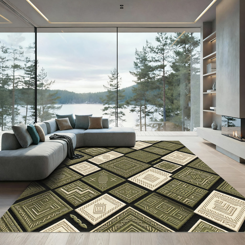 Olive Green Textured Diamond Mosaic Rug