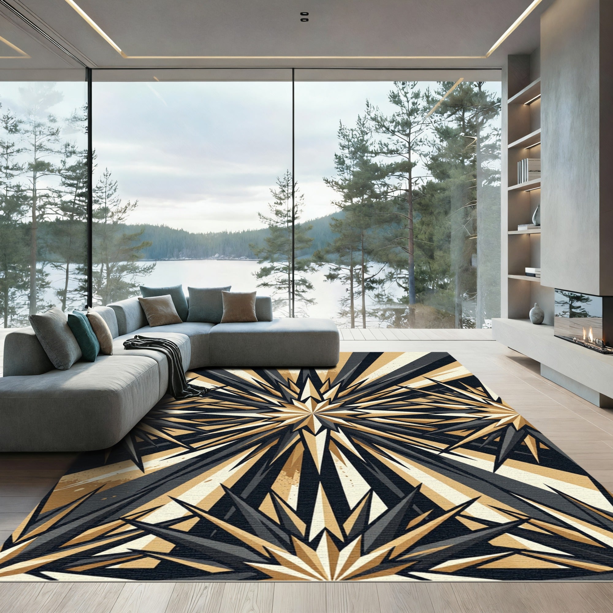 Modern Onyx and Gold Starburst Rug