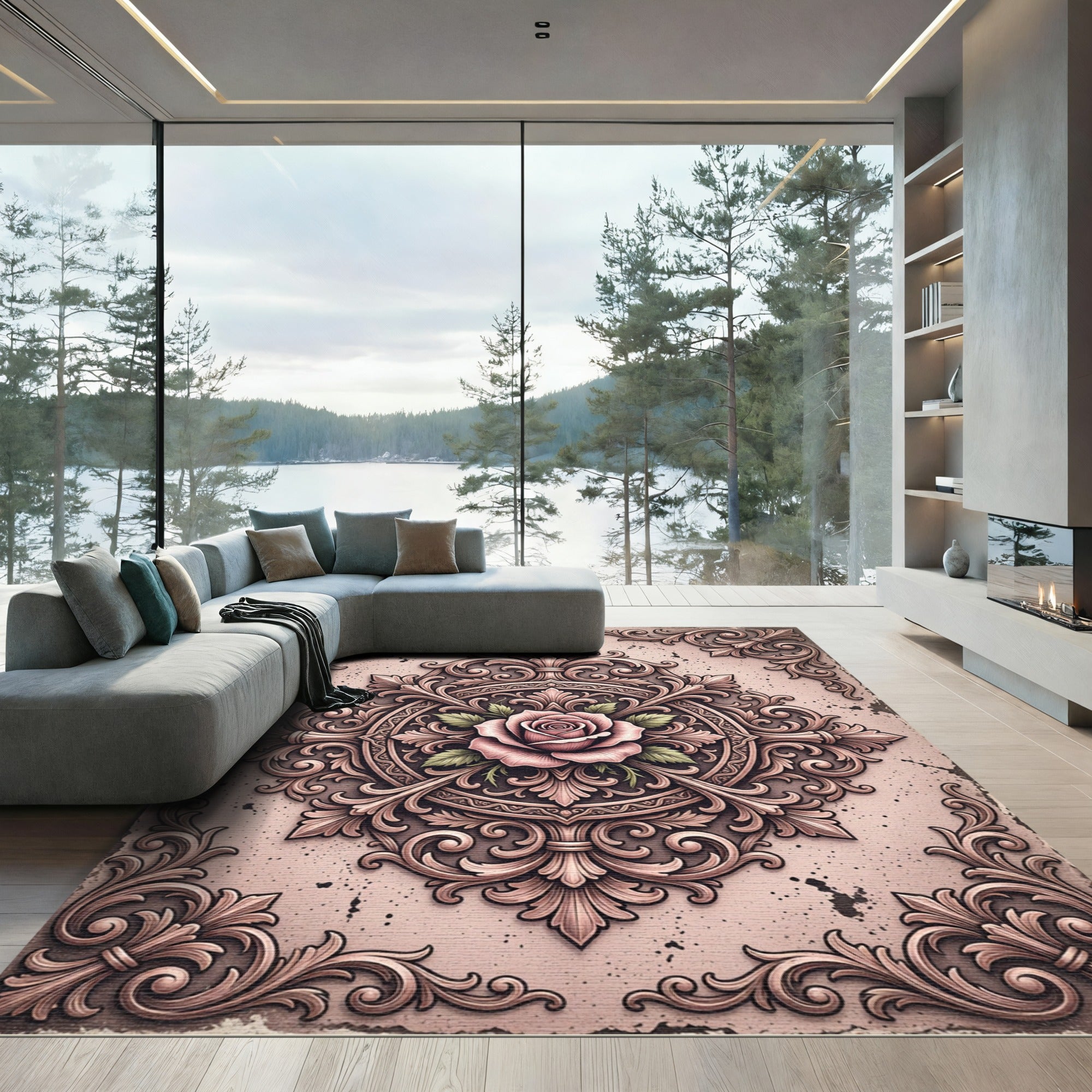 Elegant Dusty Rose Floral Baroque Medallion Rug