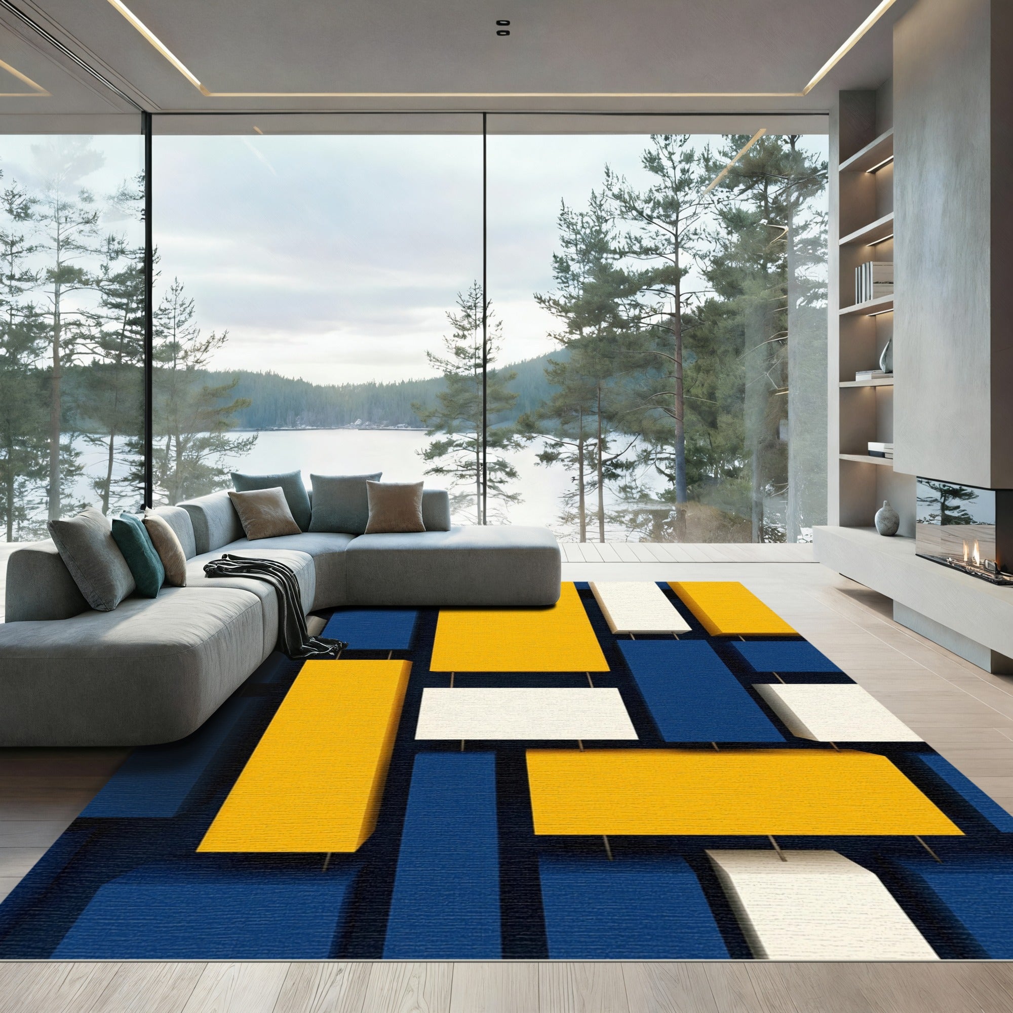 Modern Geometric Blue Yellow Cream Blocks Rug