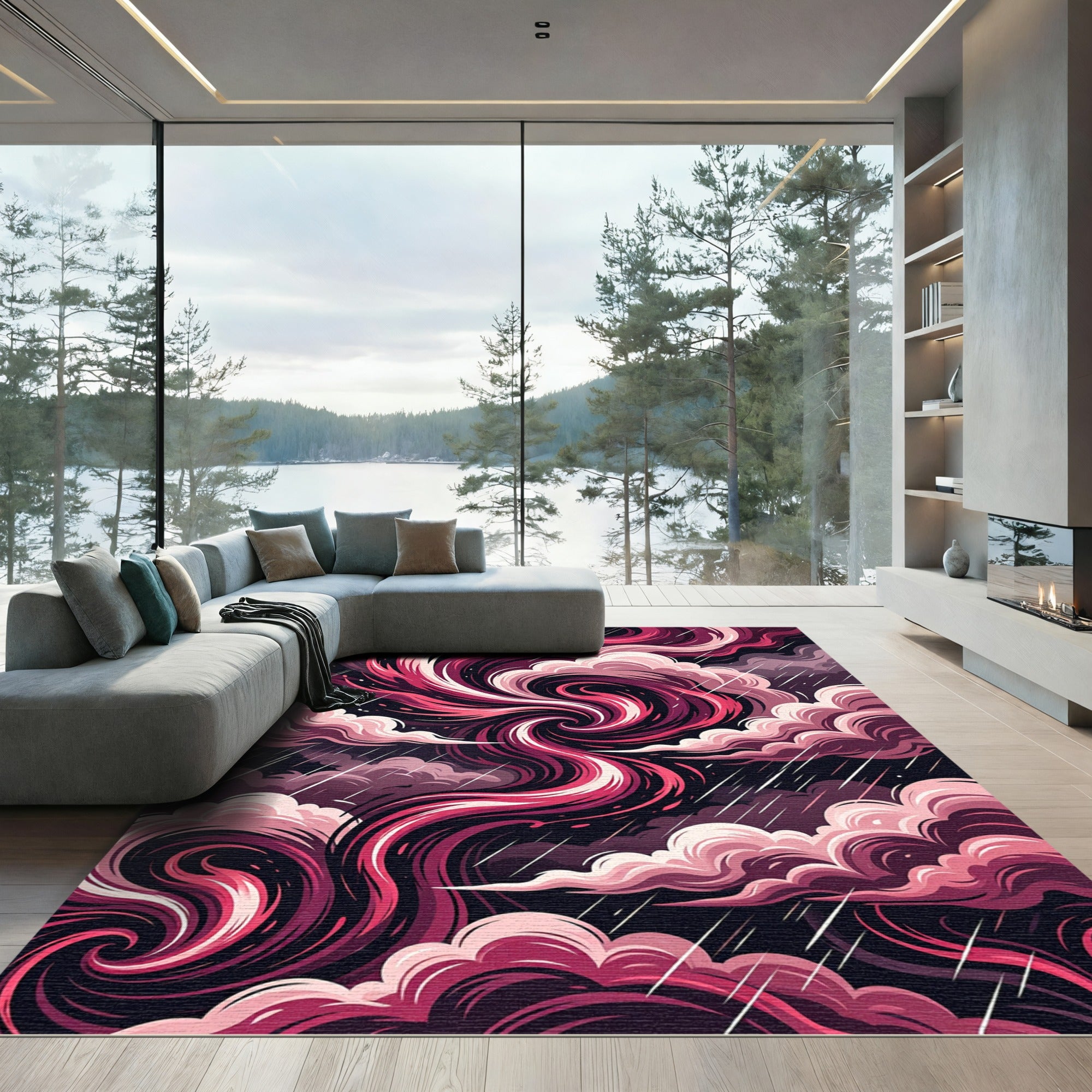 Crimson Swirl Stormy Cloudscape Rug
