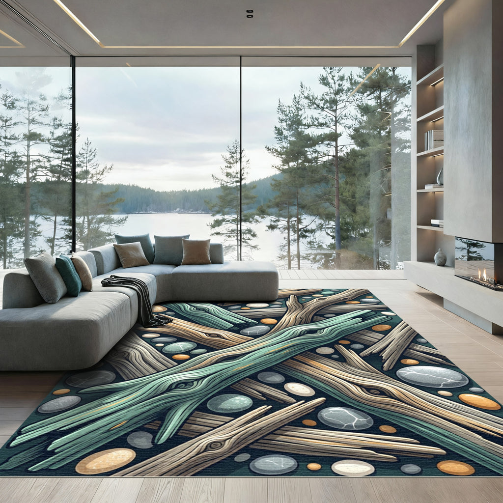 Coastal Driftwood and Pebble River Stones Rug