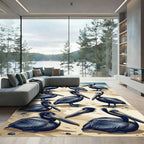Coastal Navy Pelican Beach Illustration Rug