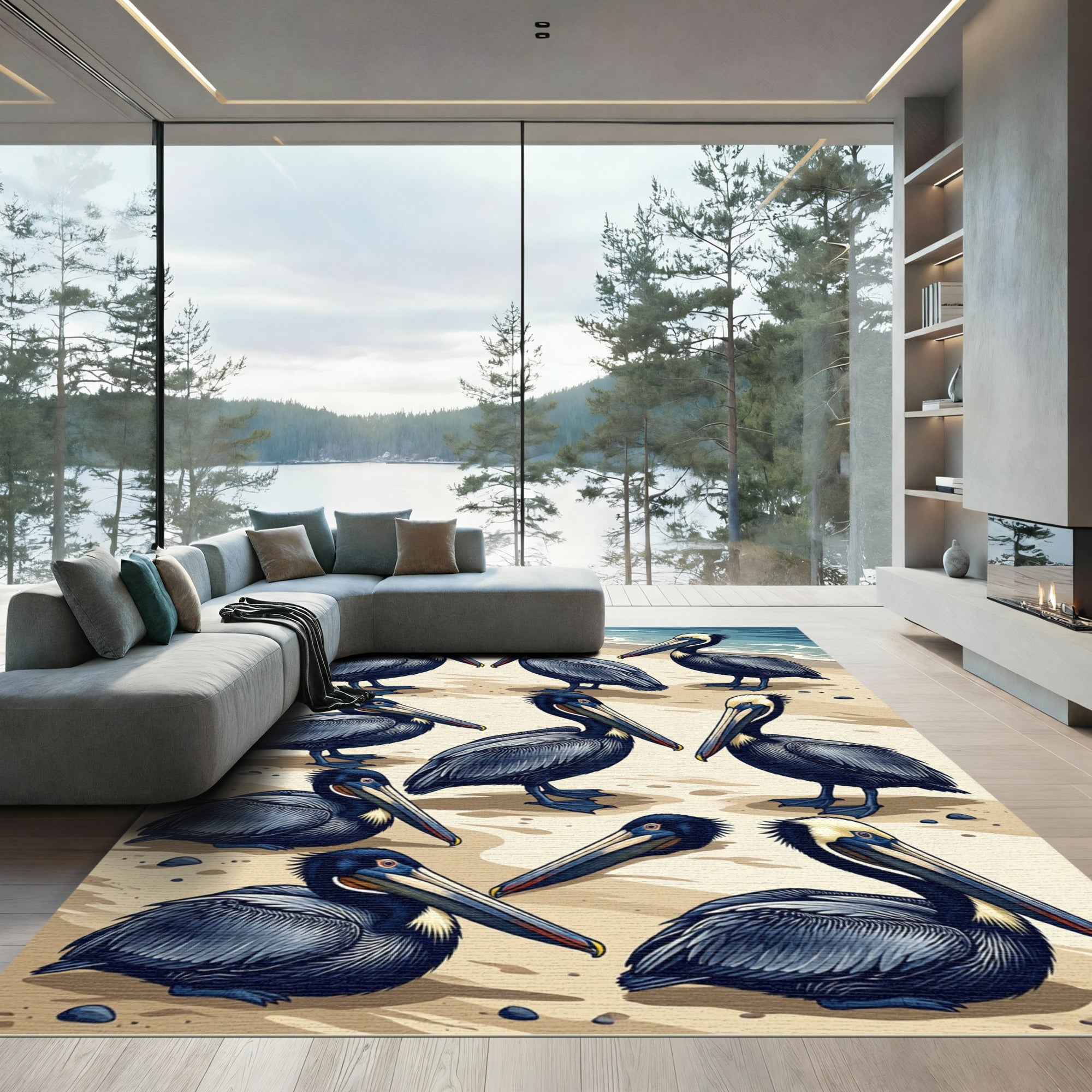 Coastal Navy Pelican Beach Illustration Rug