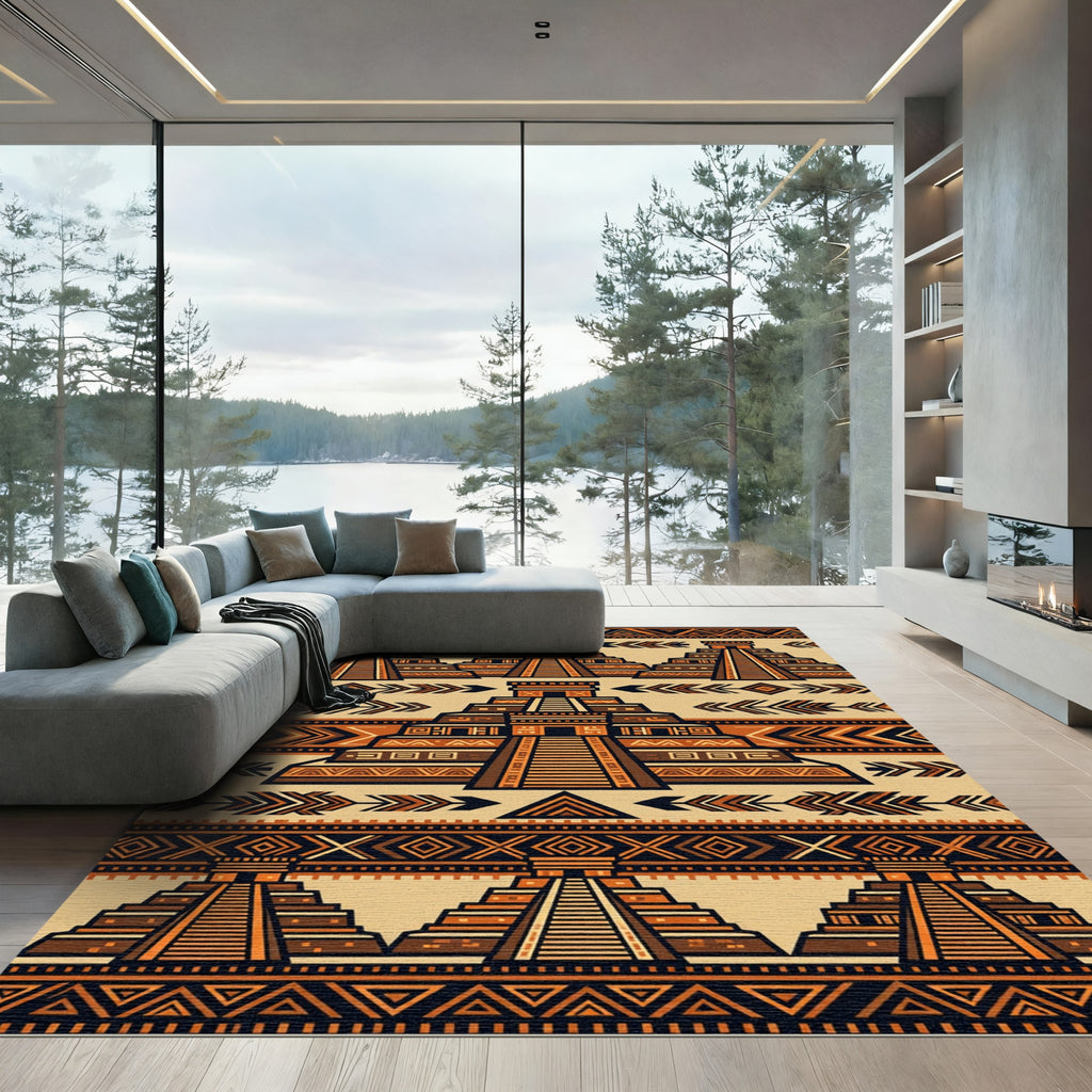 Aztec Terracotta Geometric Step Pyramid Rug