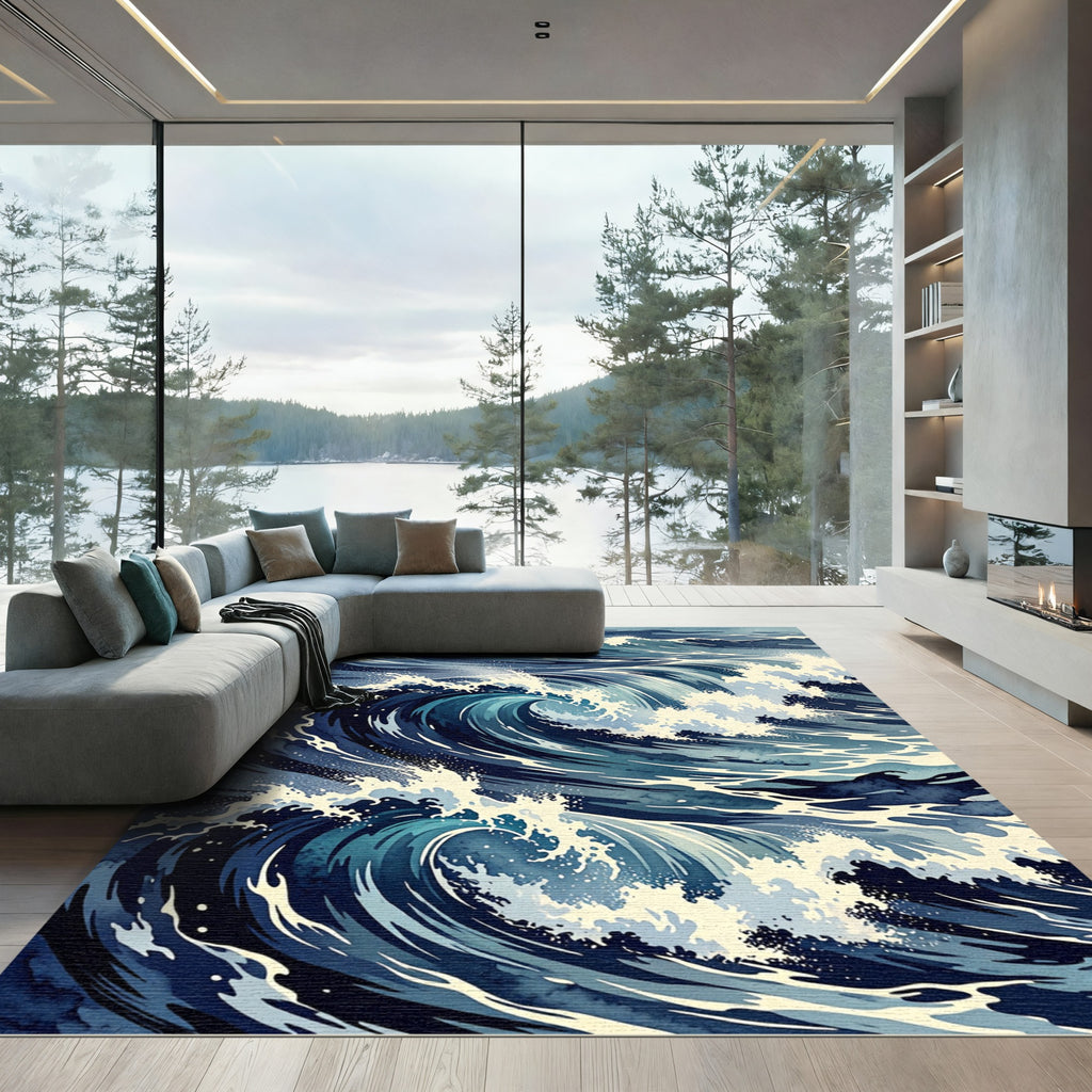 Deep Blue Crashing Ocean Wave Rug