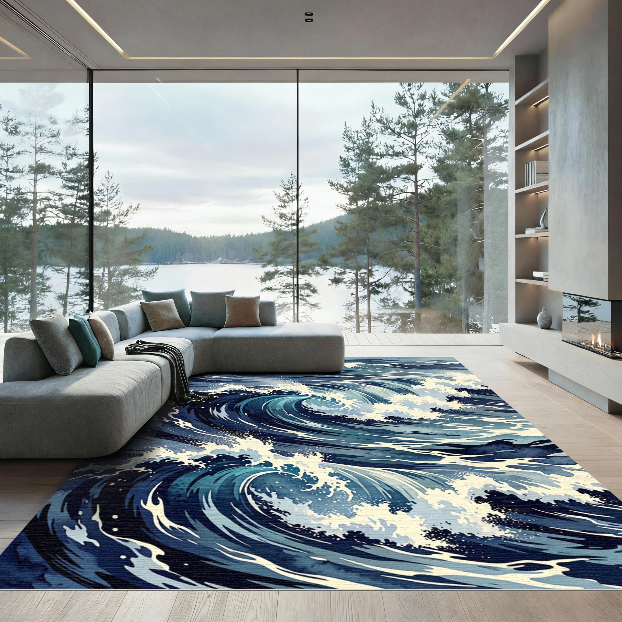 Deep Blue Crashing Ocean Wave Rug