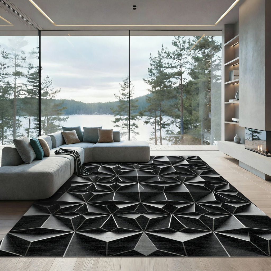 Geometric Dark Gray Relief Facet Rug