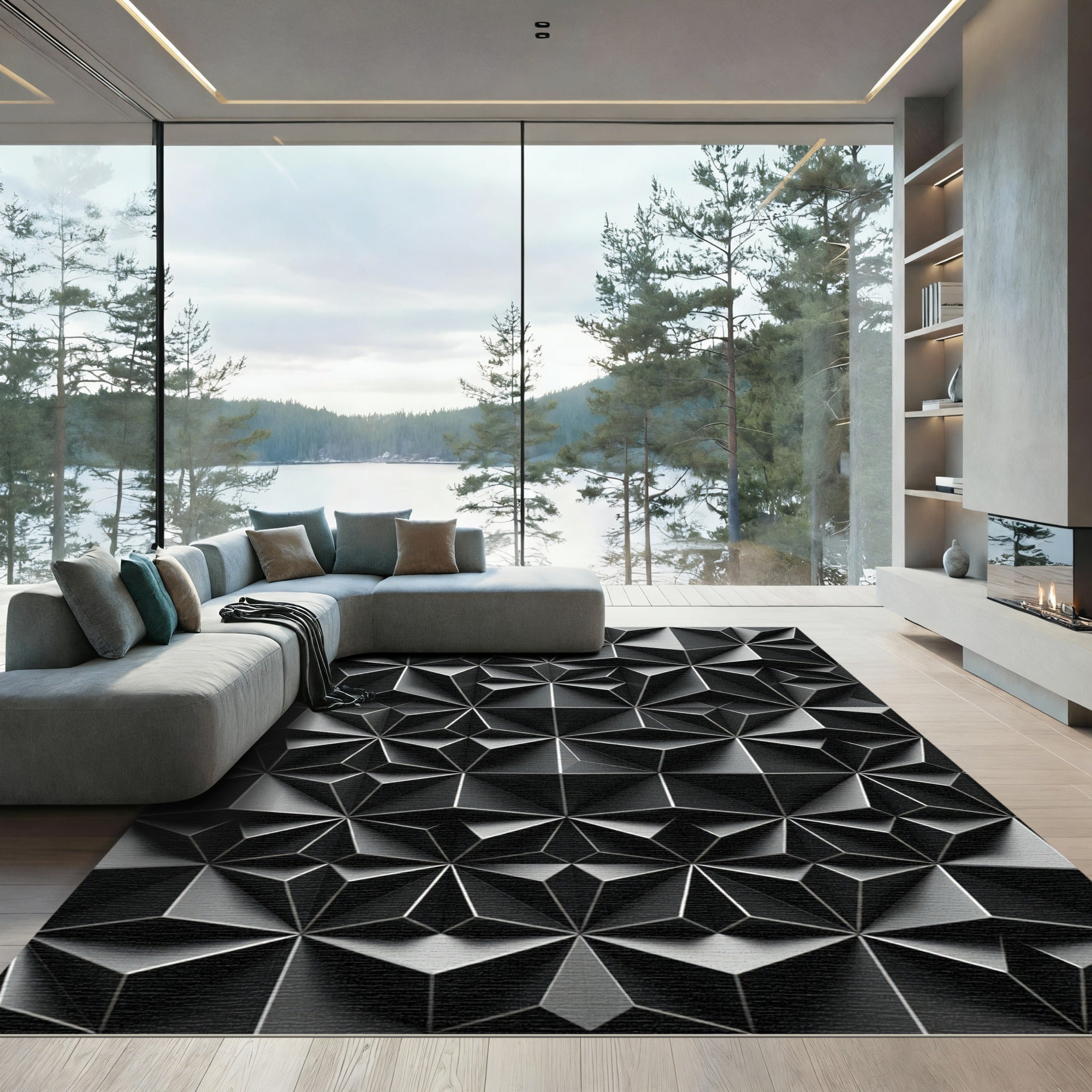 Geometric Dark Gray Relief Facet Rug