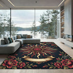 Celestial Crimson Sun Golden Floral Medallion Rug