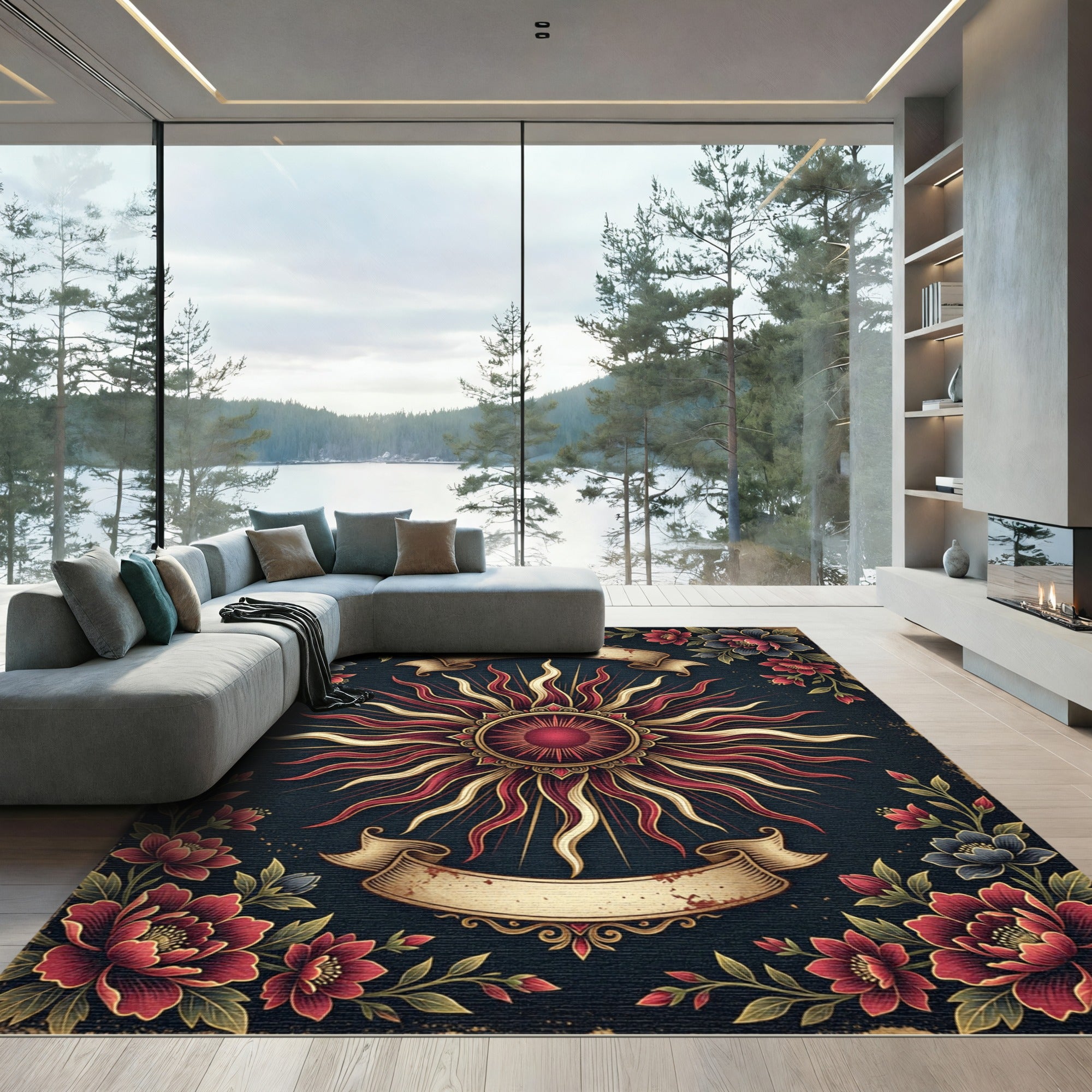 Celestial Crimson Sun Golden Floral Medallion Rug