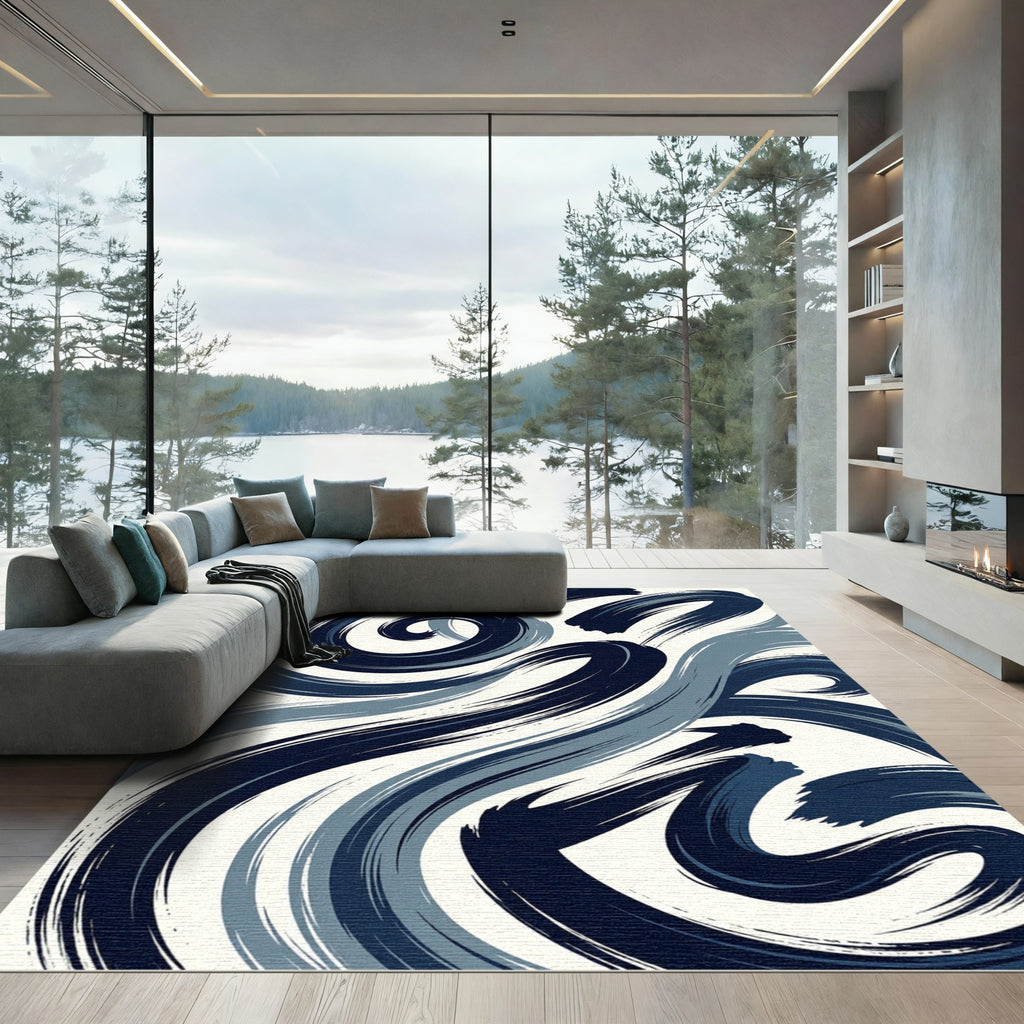 Deep Blue Ink Brushstrokes Rug