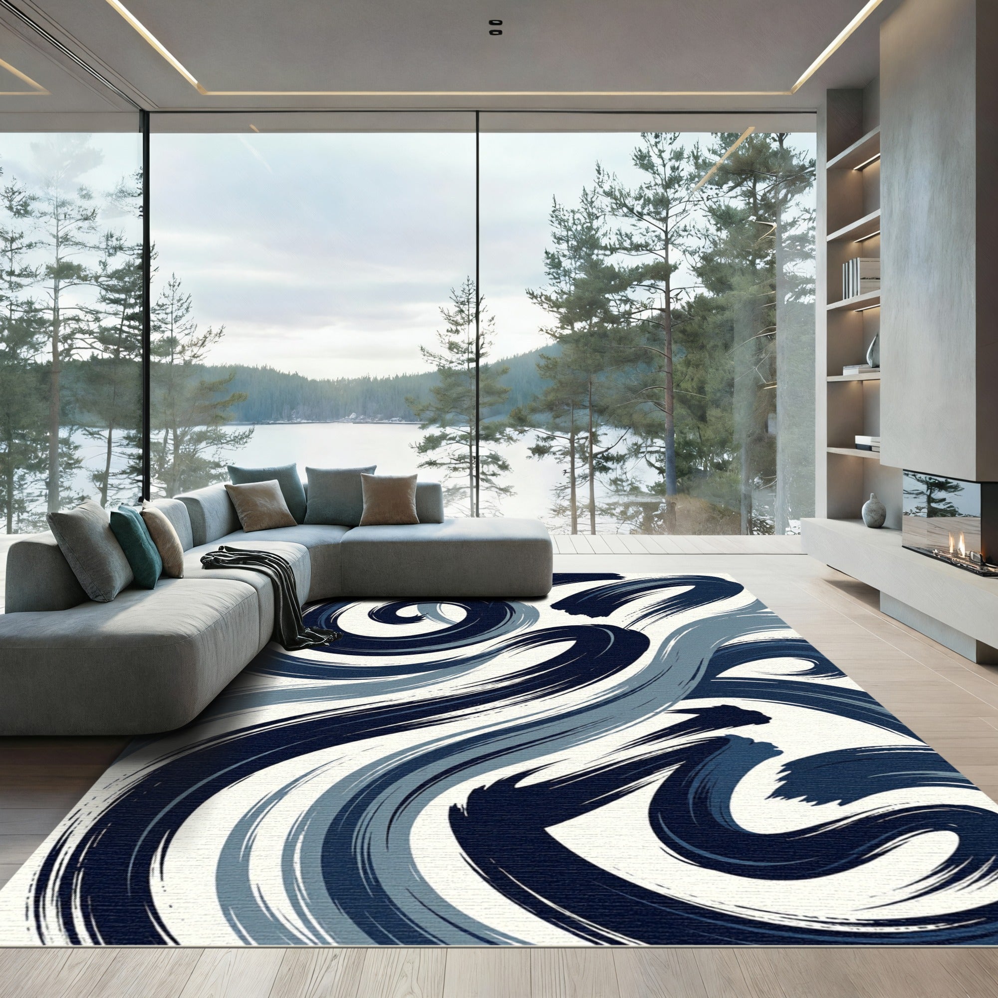 Deep Blue Ink Brushstrokes Rug