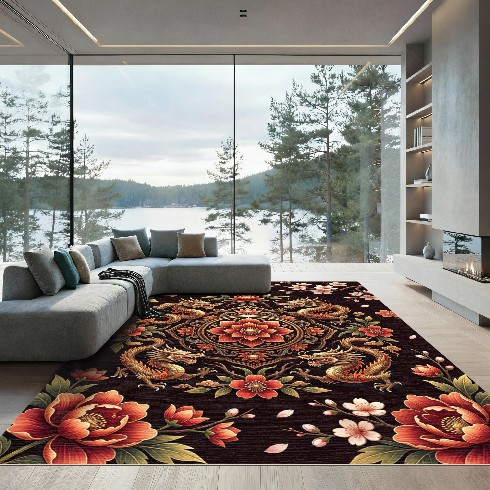 Golden Dragon Lotus Floral Medallion Rug