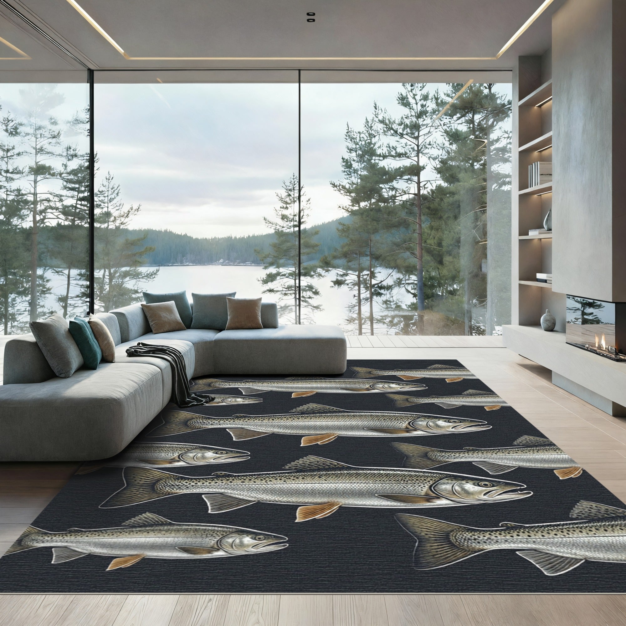 Monochromatic Swimming Trout Dark Silhouette Rug