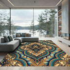 Ornate Teal Gold Damask Flourish Rug