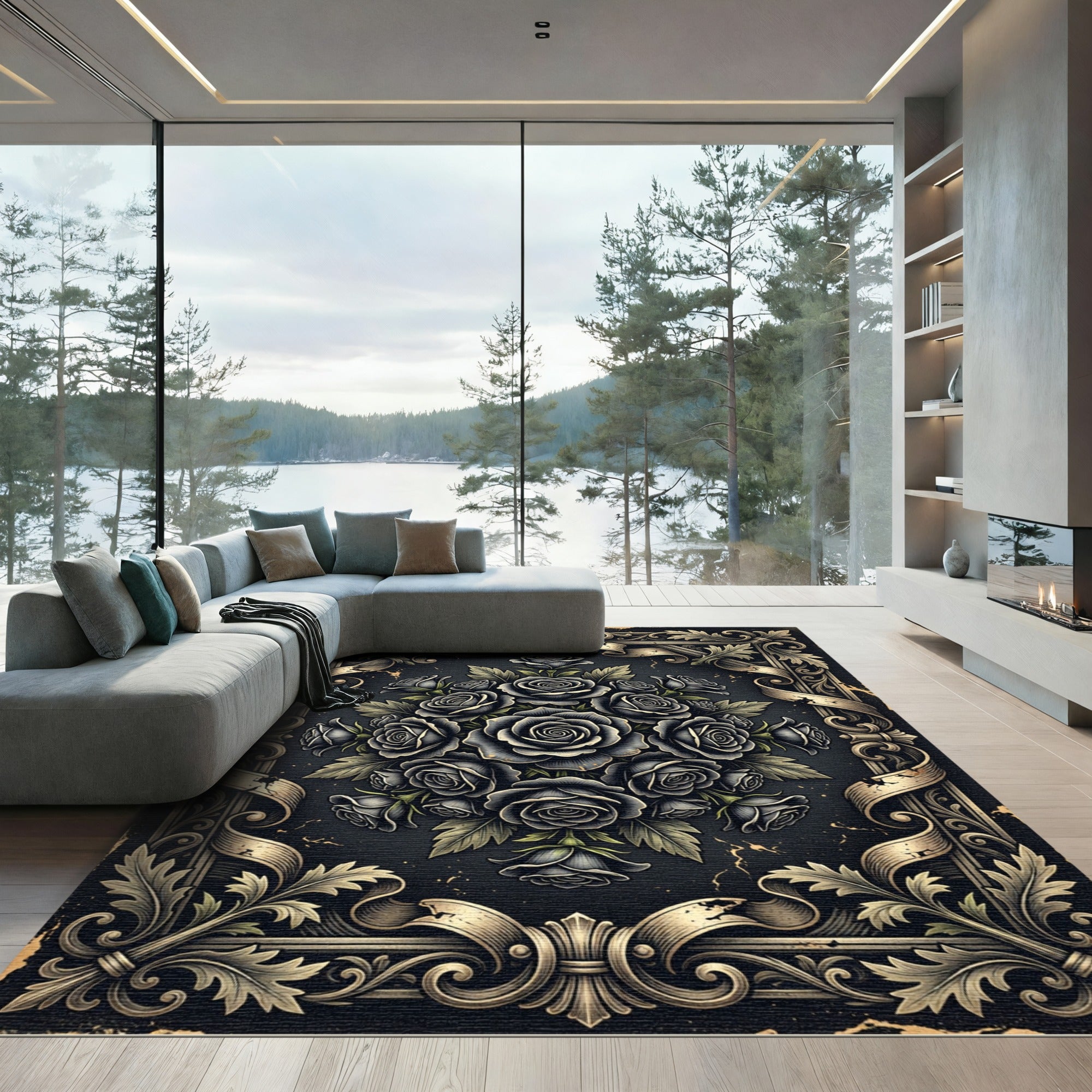 Gothic Charcoal Floral Rose Medallion Rug