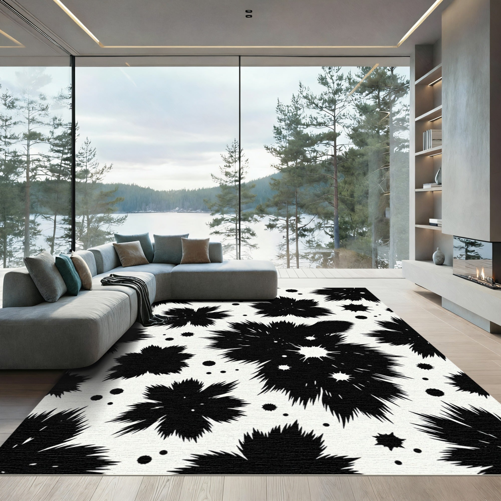 Monochrome Abstract Ink Splatter Floral Rug