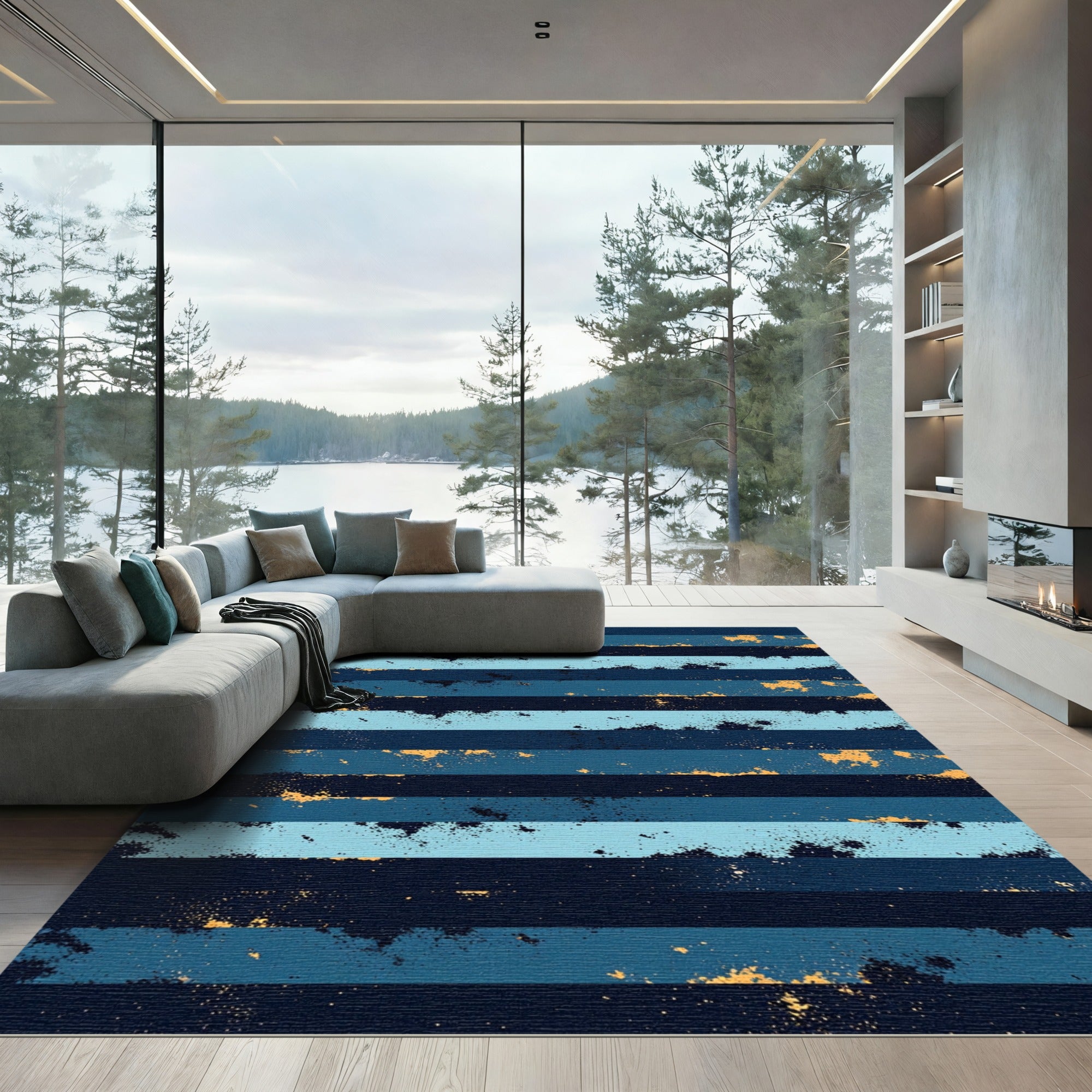 Navy Blue Golden Distressed Horizontal Stripes Rug