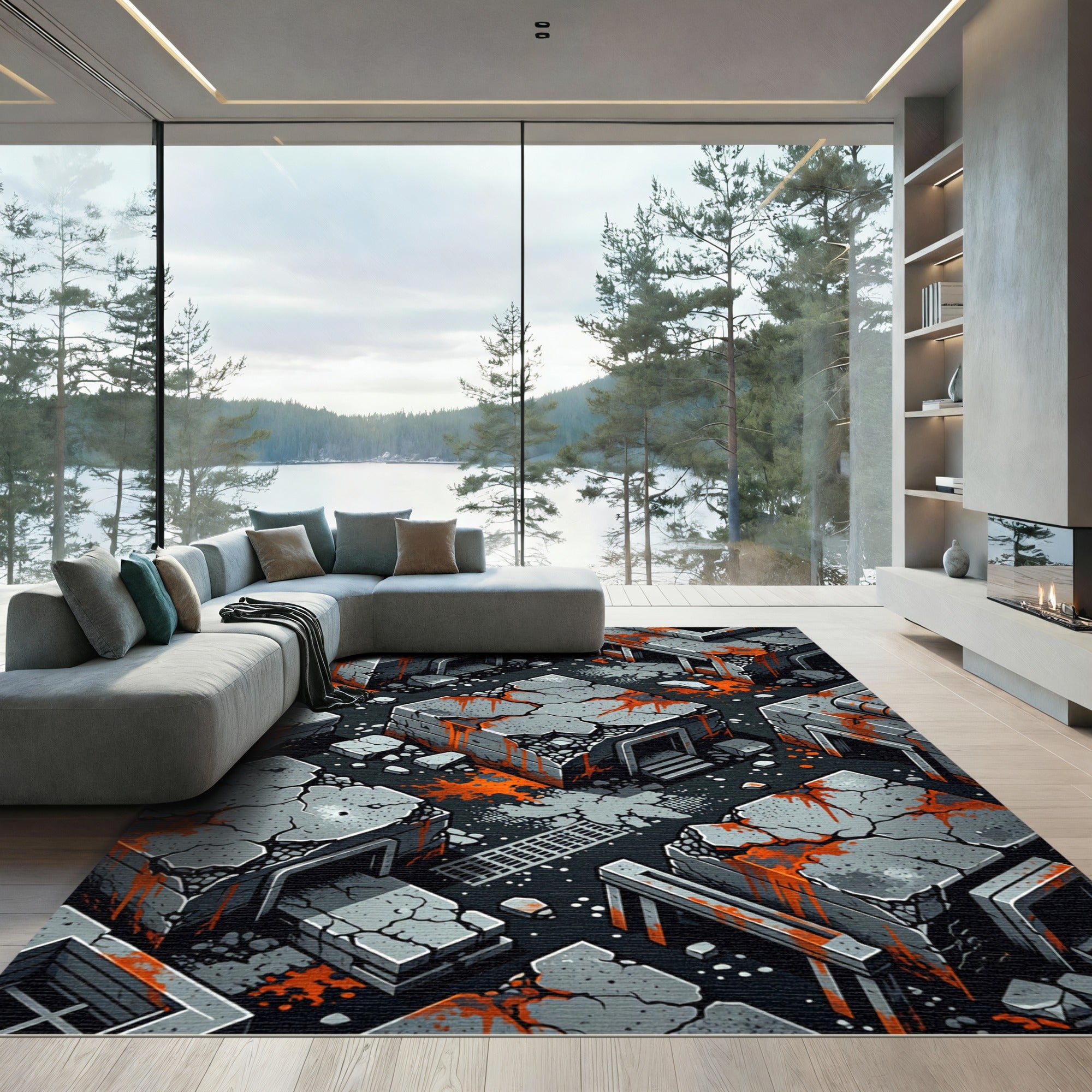 Urban Ruin Abstract Orange Splatter Rug