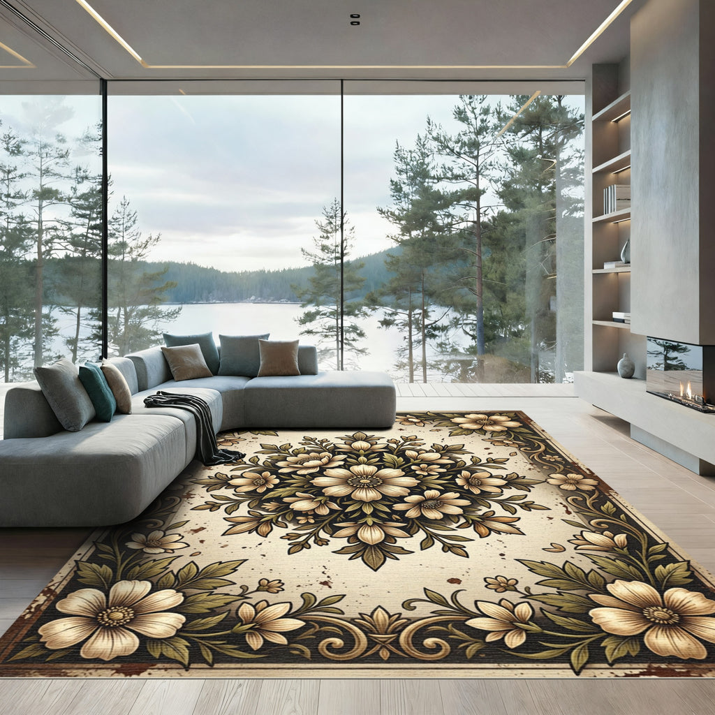Vintage Cream Floral Medallion Illustration Rug
