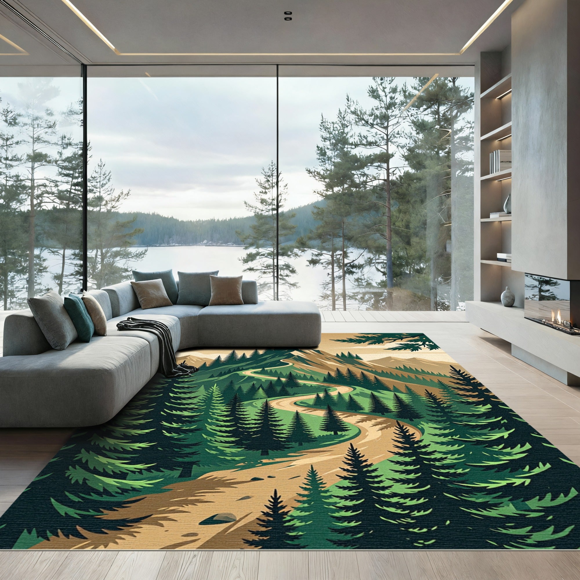 Winding Mountain Path Forest Landscape Rug