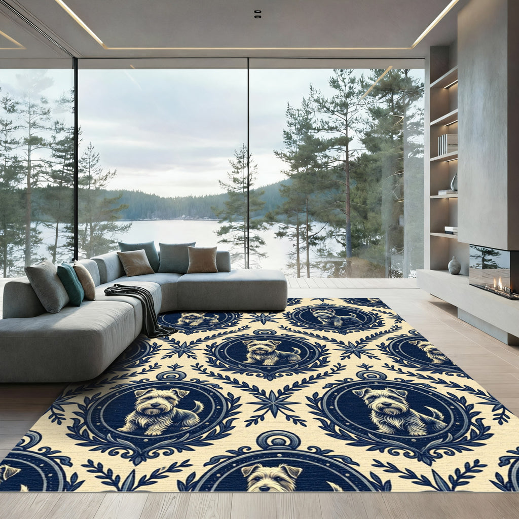 Navy Terrier Portrait French Medallion Rug