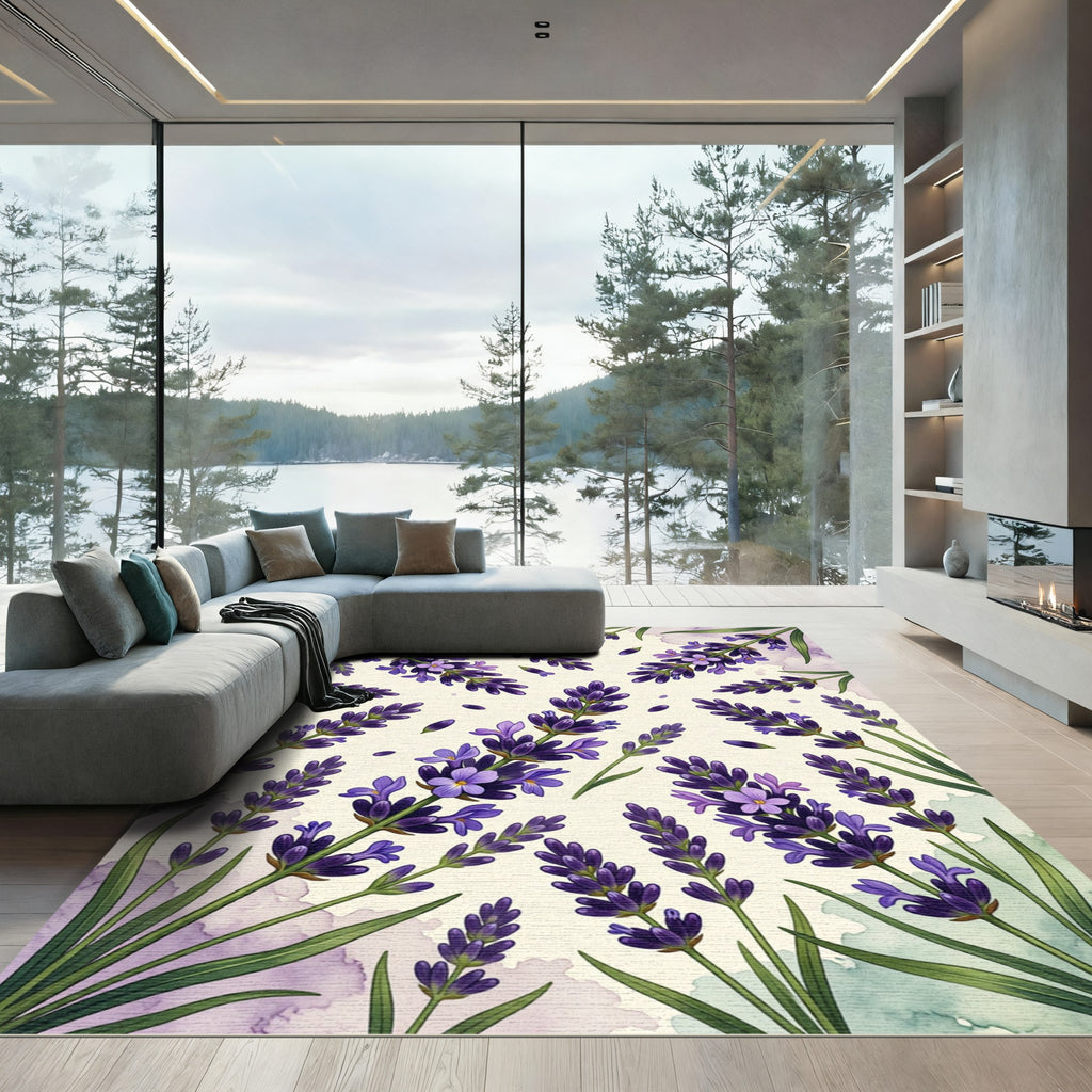 Watercolor Lavender Sprig Botanical Illustration Rug