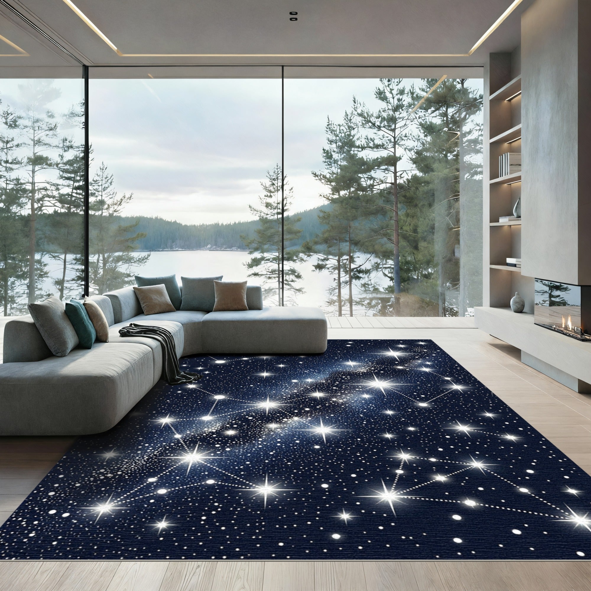 Celestial Navy Blue Shimmering Starry Night Rug