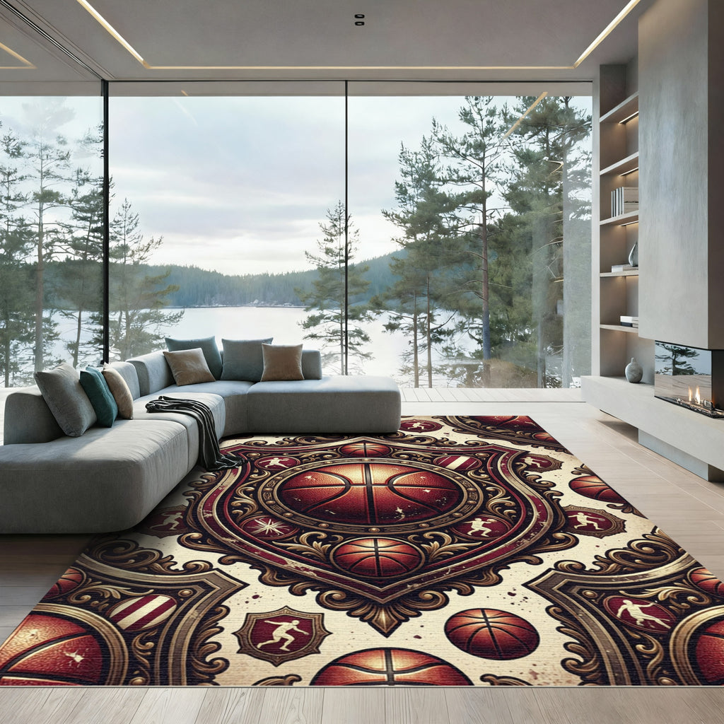 Ornate Basketball Emblem Crest Burgundy Gold Rug