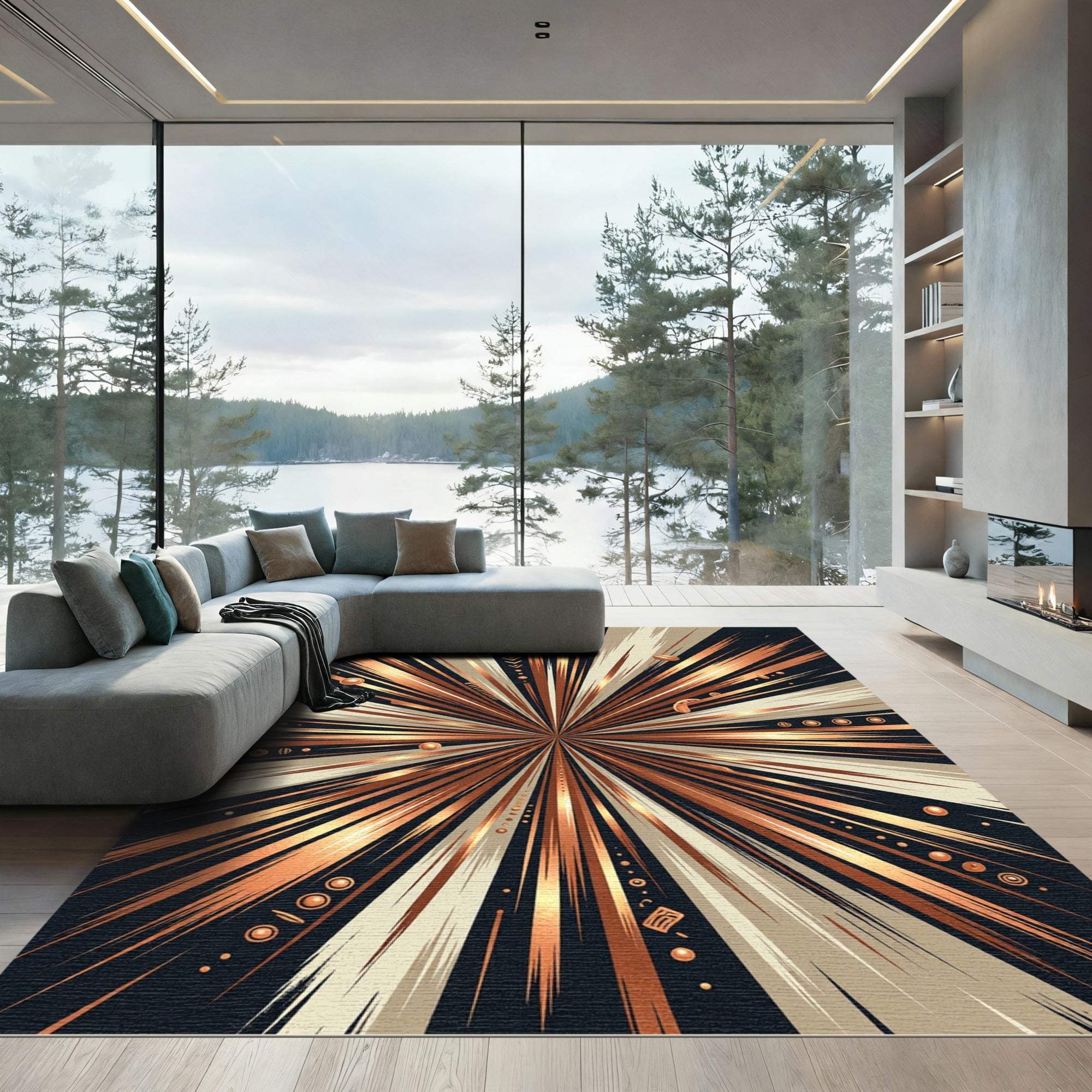 Vibrant Copper Sunburst Geometric Rug