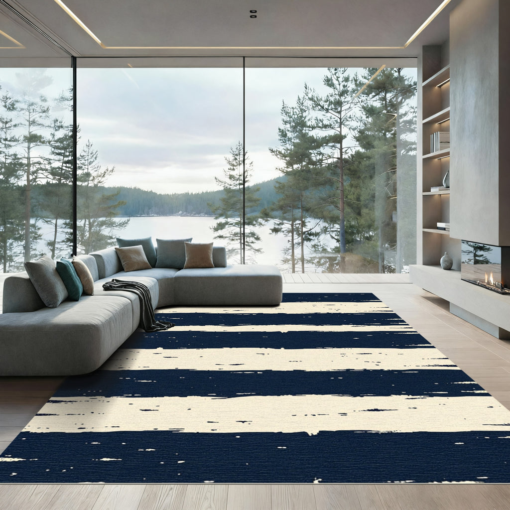 Navy Blue Distressed Horizontal Stripe Rug