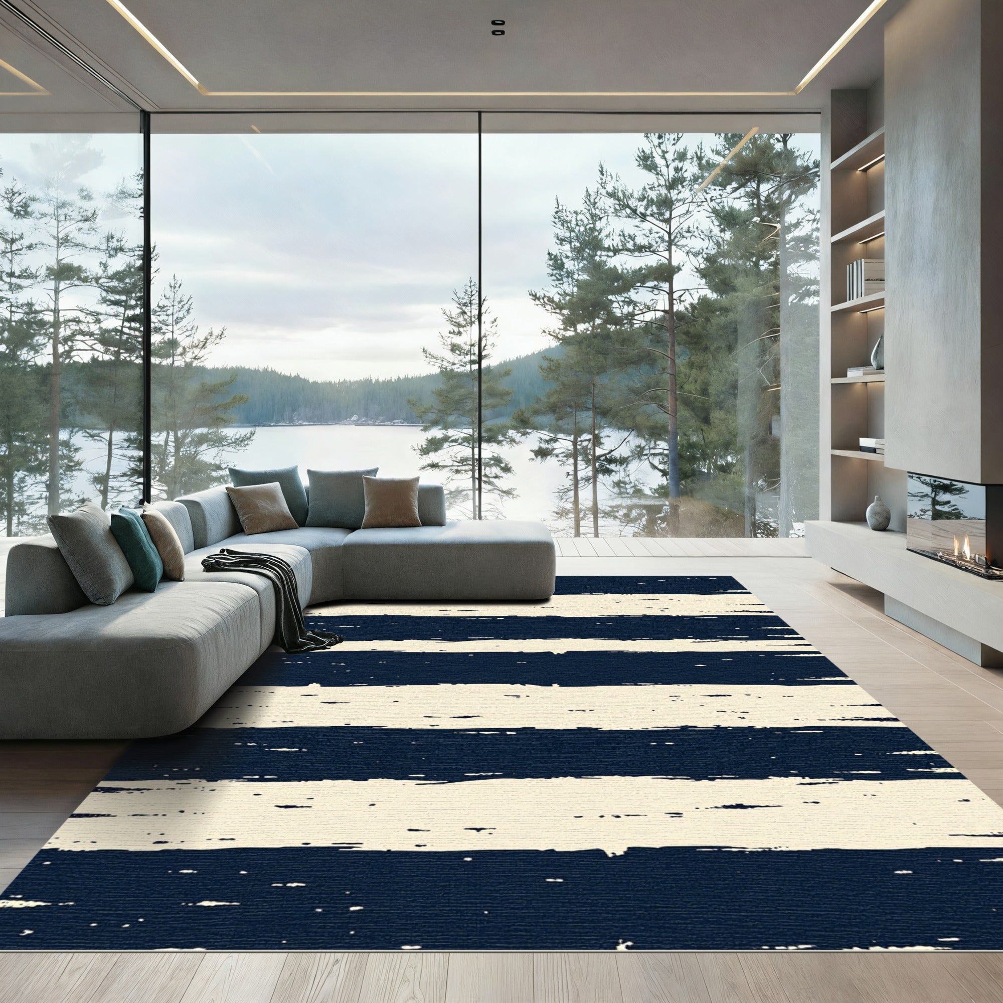 Navy Blue Distressed Horizontal Stripe Rug