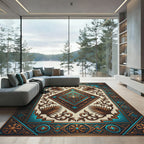 Ornate Teal Copper Geometric Diamond Rug