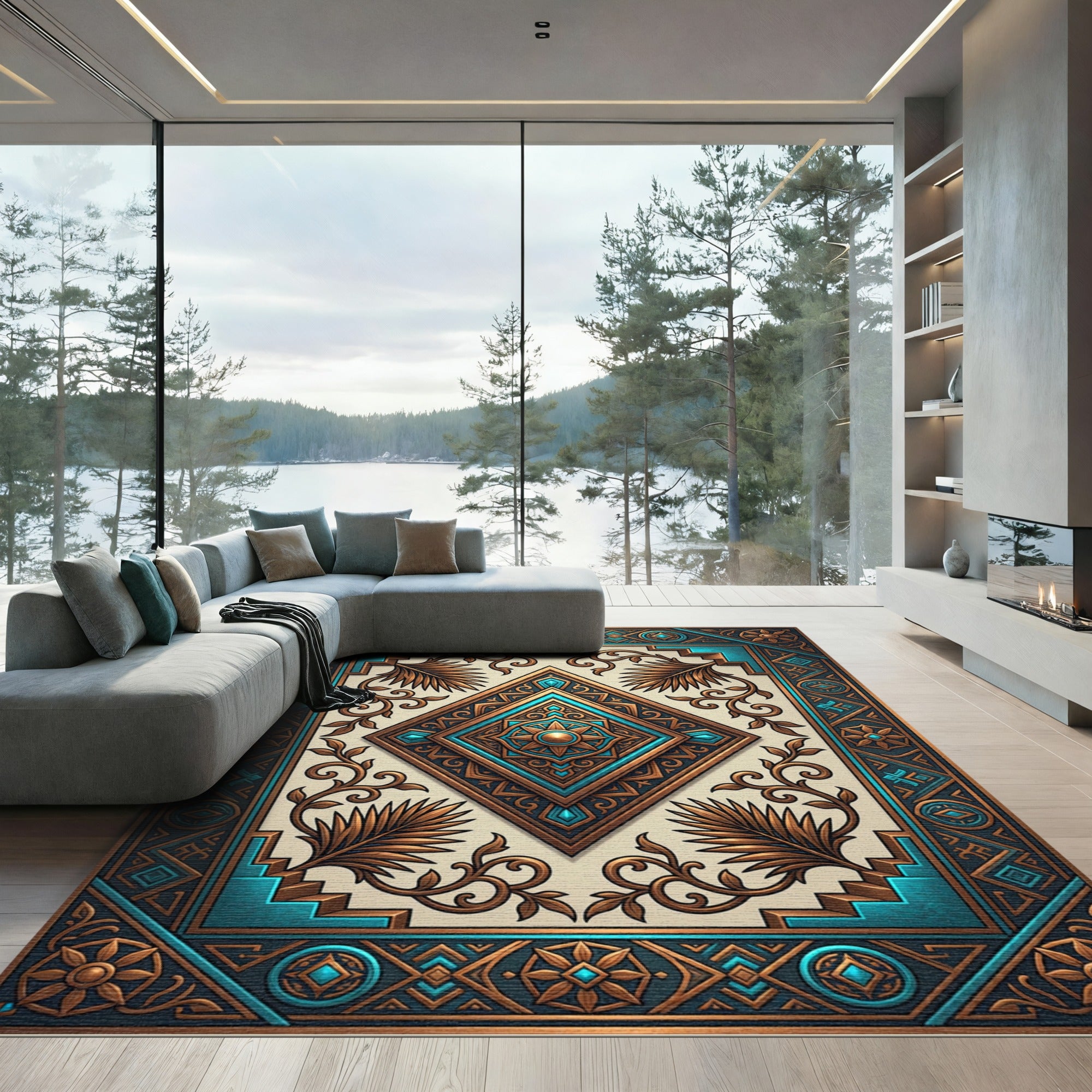 Ornate Teal Copper Geometric Diamond Rug