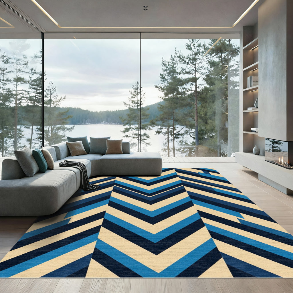 Mid Century Blue Chevron Stripes Rug