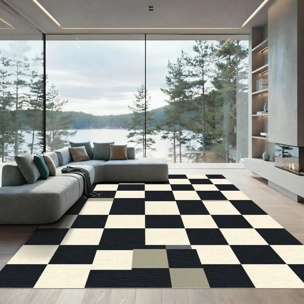 Classic Black Cream Checkered Squares Rug