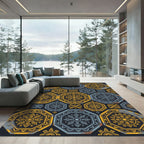 Rustic Ochre Blue Mandala Medallion Rug