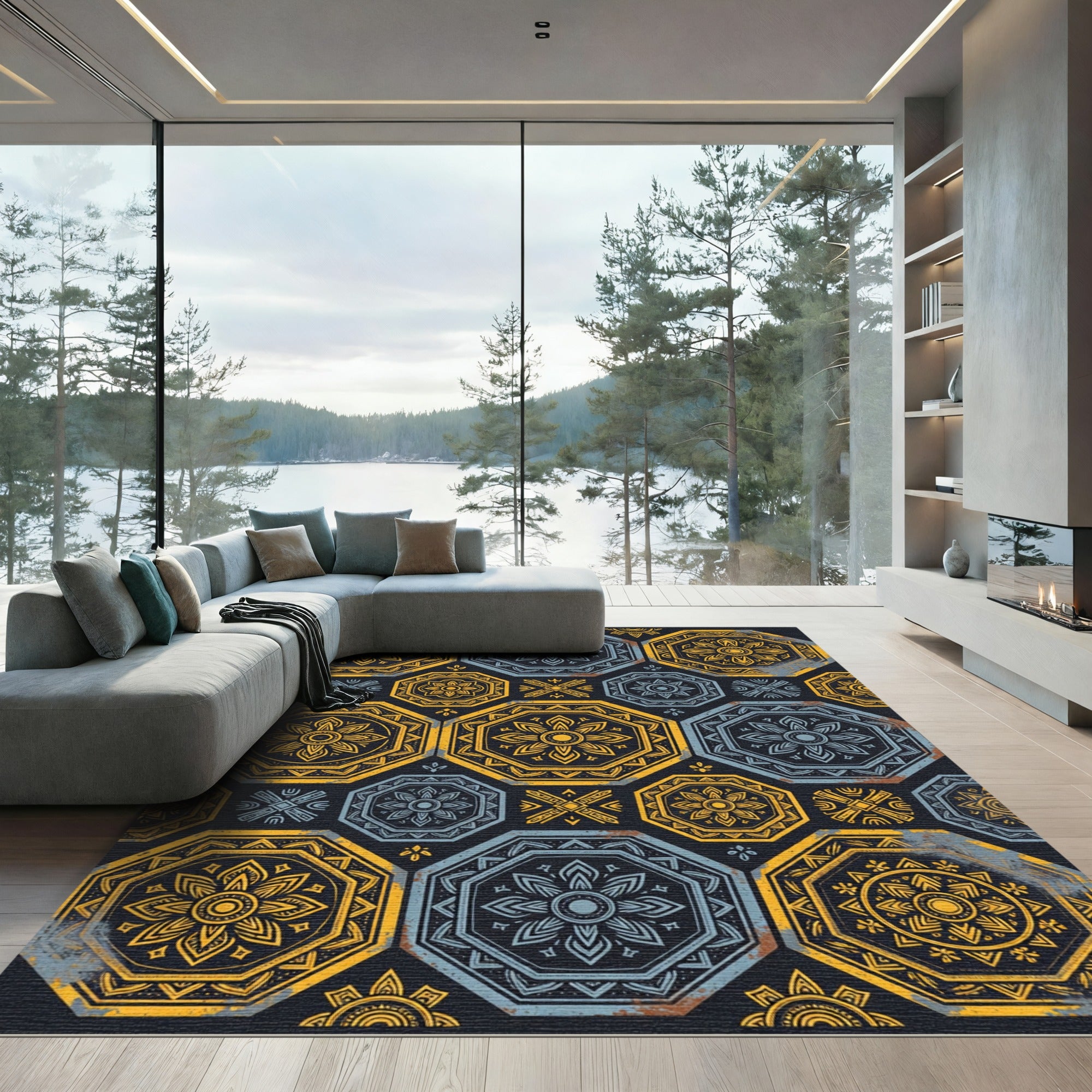 Rustic Ochre Blue Mandala Medallion Rug