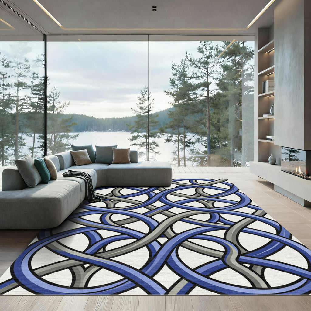 Interlocking Blue and Gray Abstract Weave Rug
