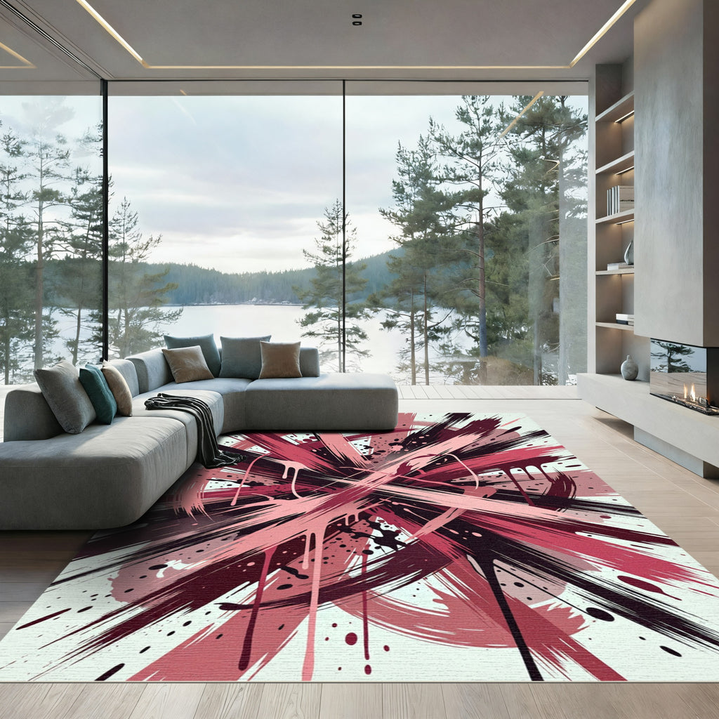Dynamic Crimson Black Abstract Brushstroke Rug