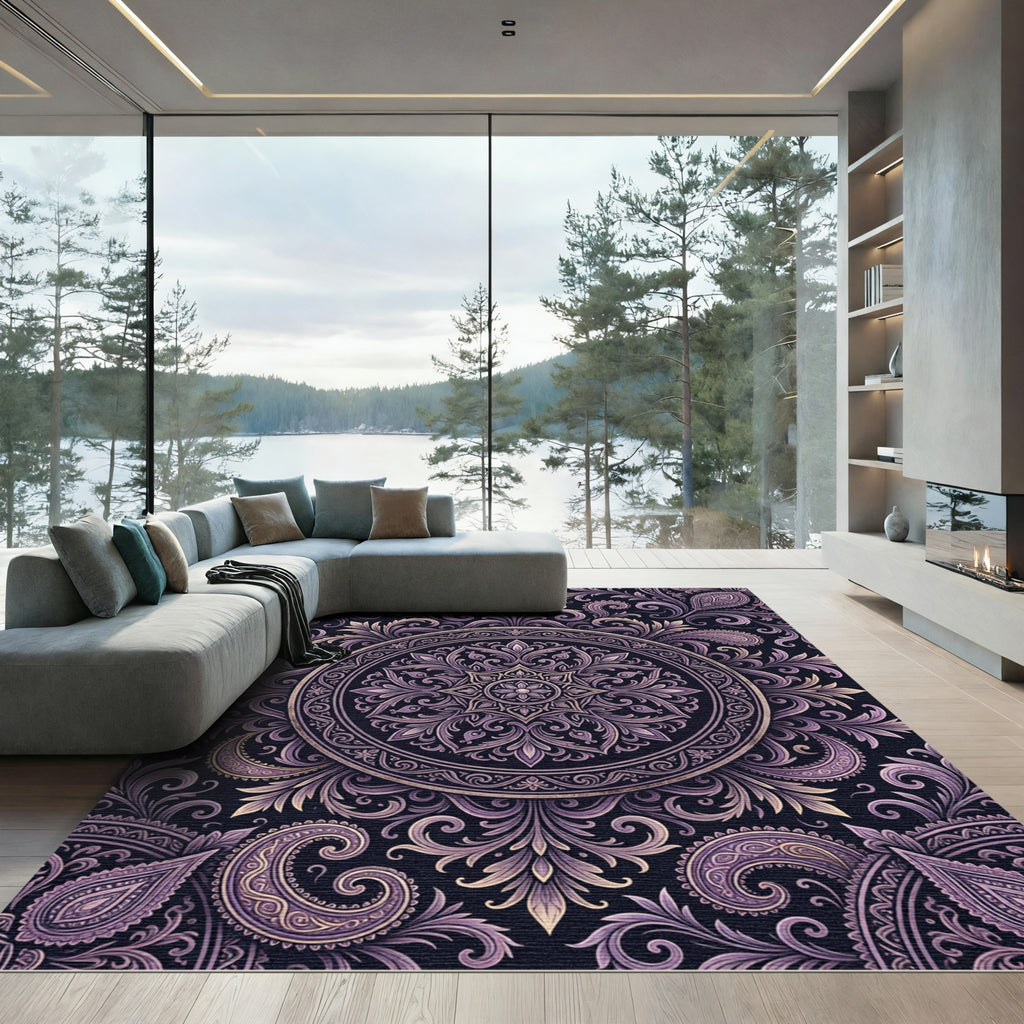 Elegant Purple Paisley Mandala Medallion Rug