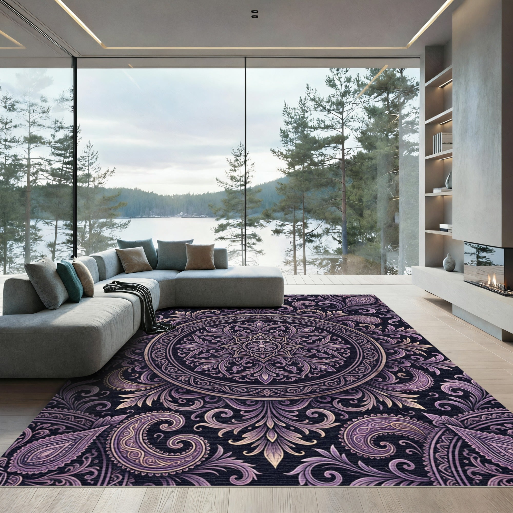 Elegant Purple Paisley Mandala Medallion Rug