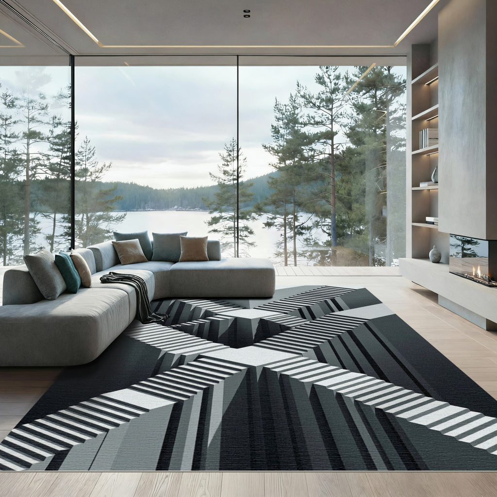 Monochromatic Geometric Illusion Stairway Rug