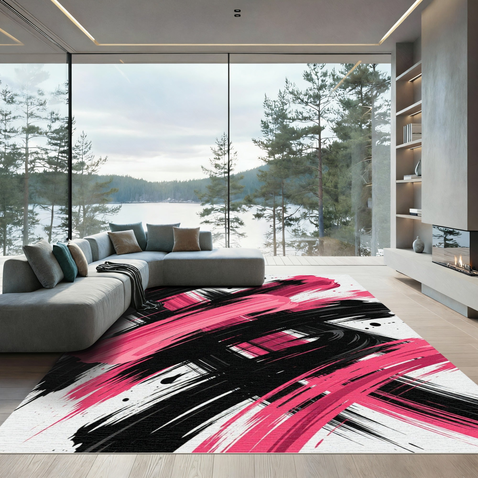 Bold Pink and Black Abstract Brushstroke Rug