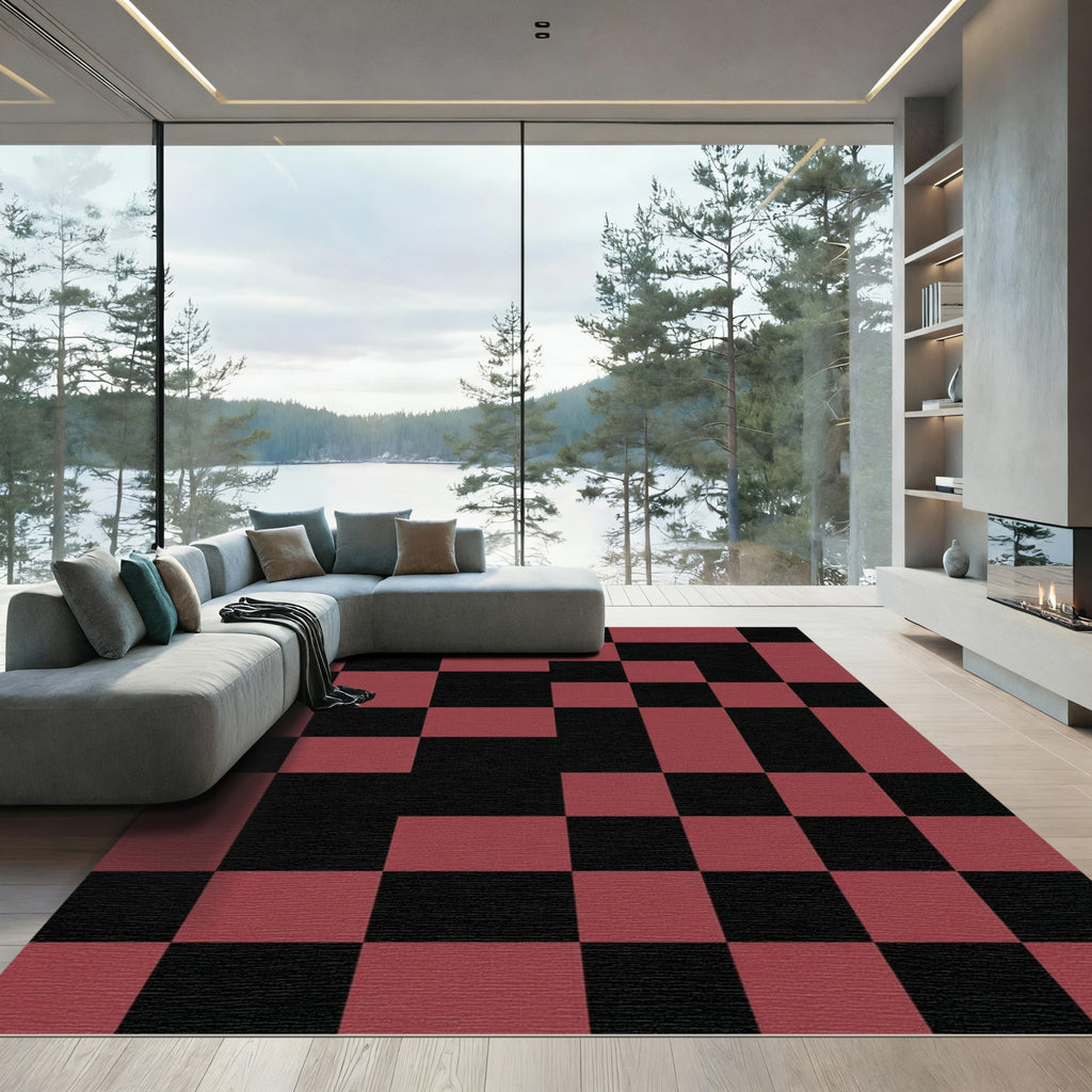 Crimson Black Checkerboard Grid Rug