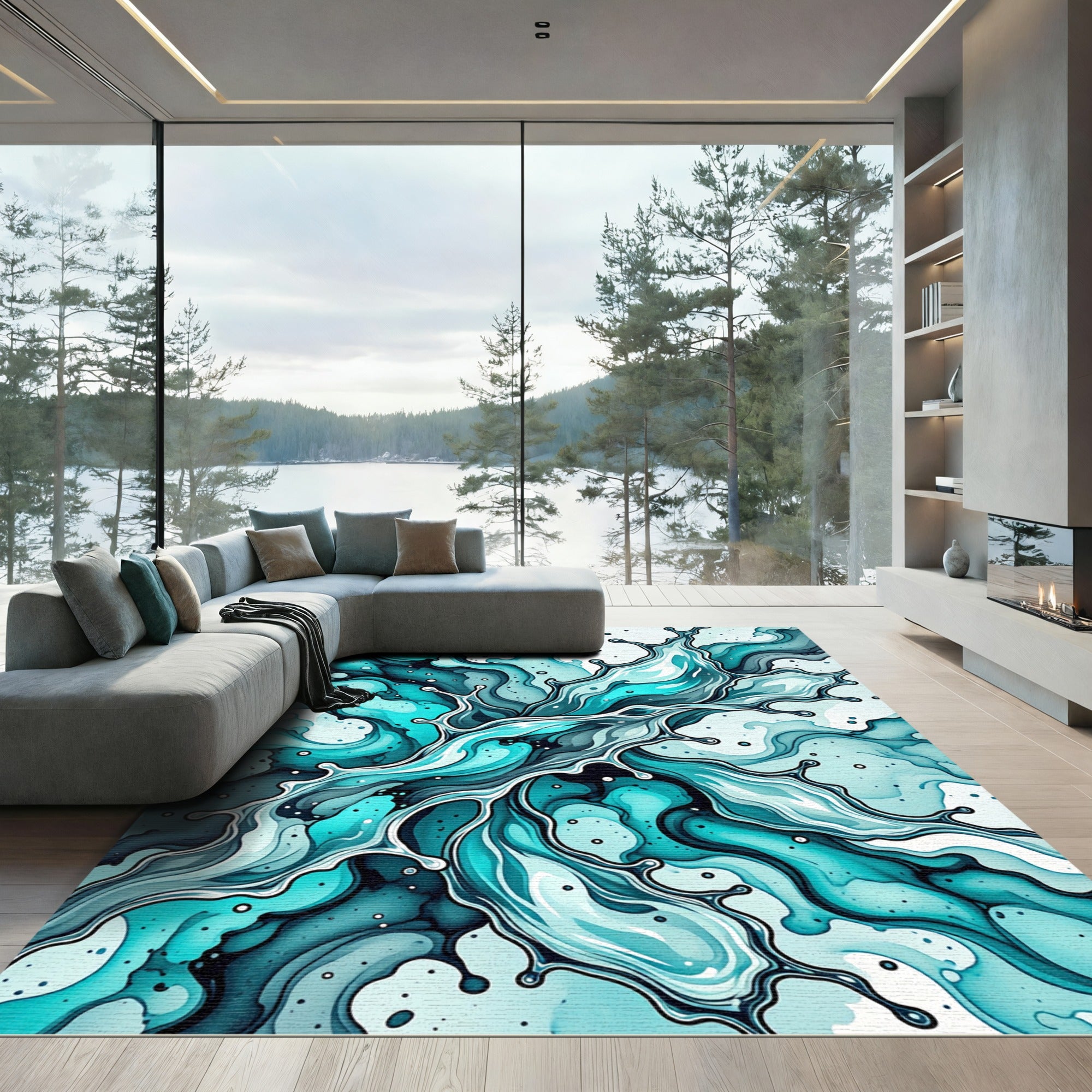 Liquid Teal Abstract Wave Art Rug