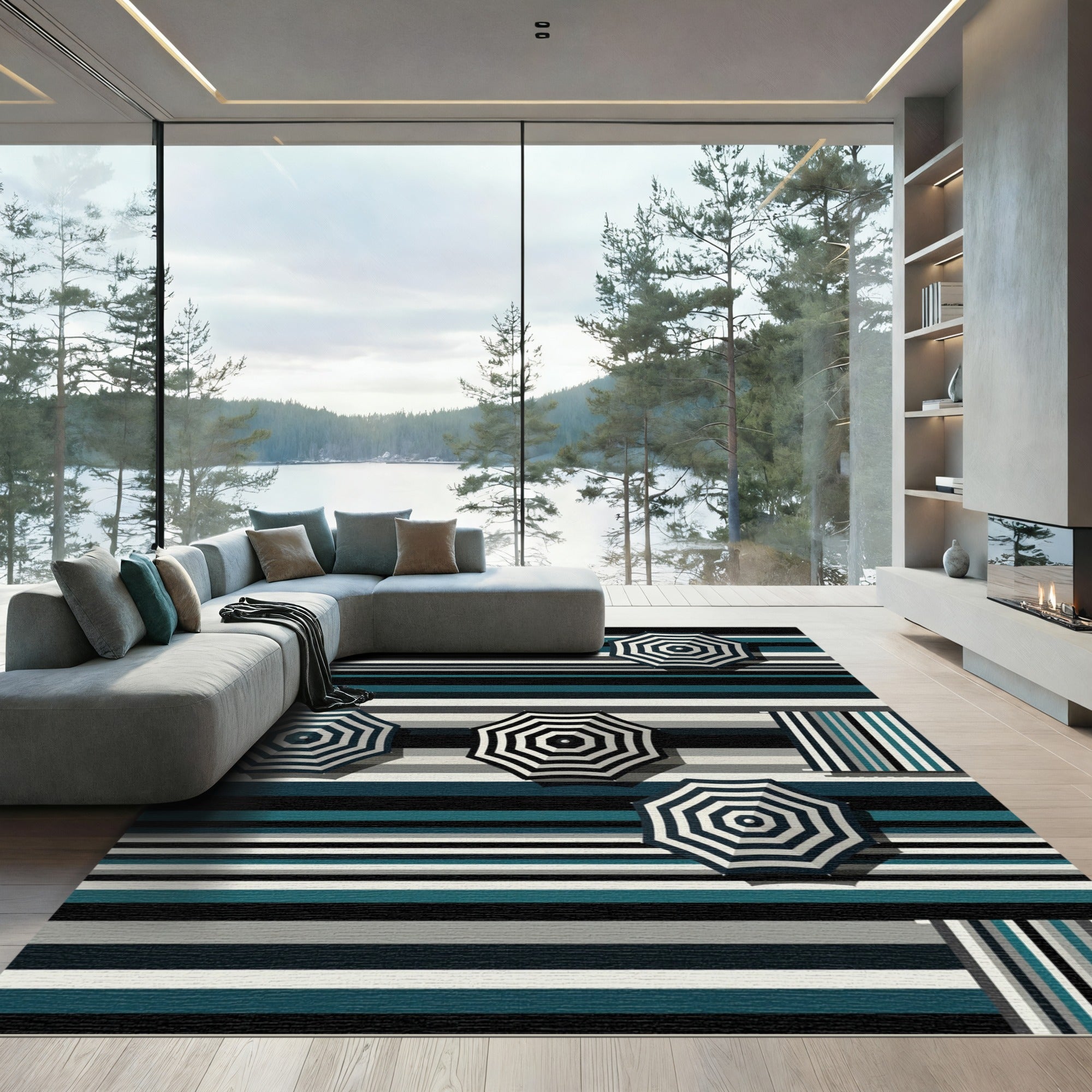 Modern Teal and Charcoal Striped Parasol Rug