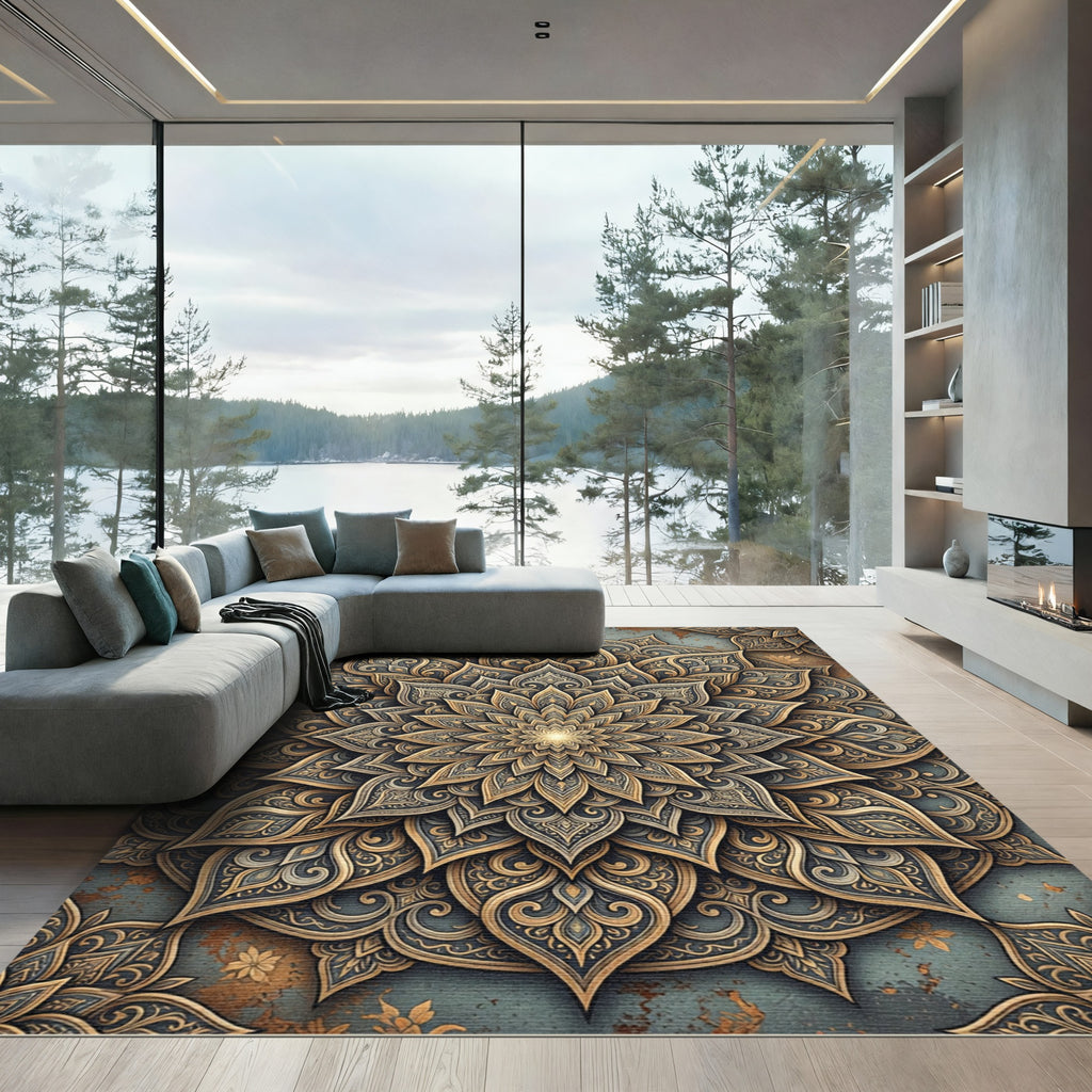 Gilded Slate Floral Mandala Medallion Rug