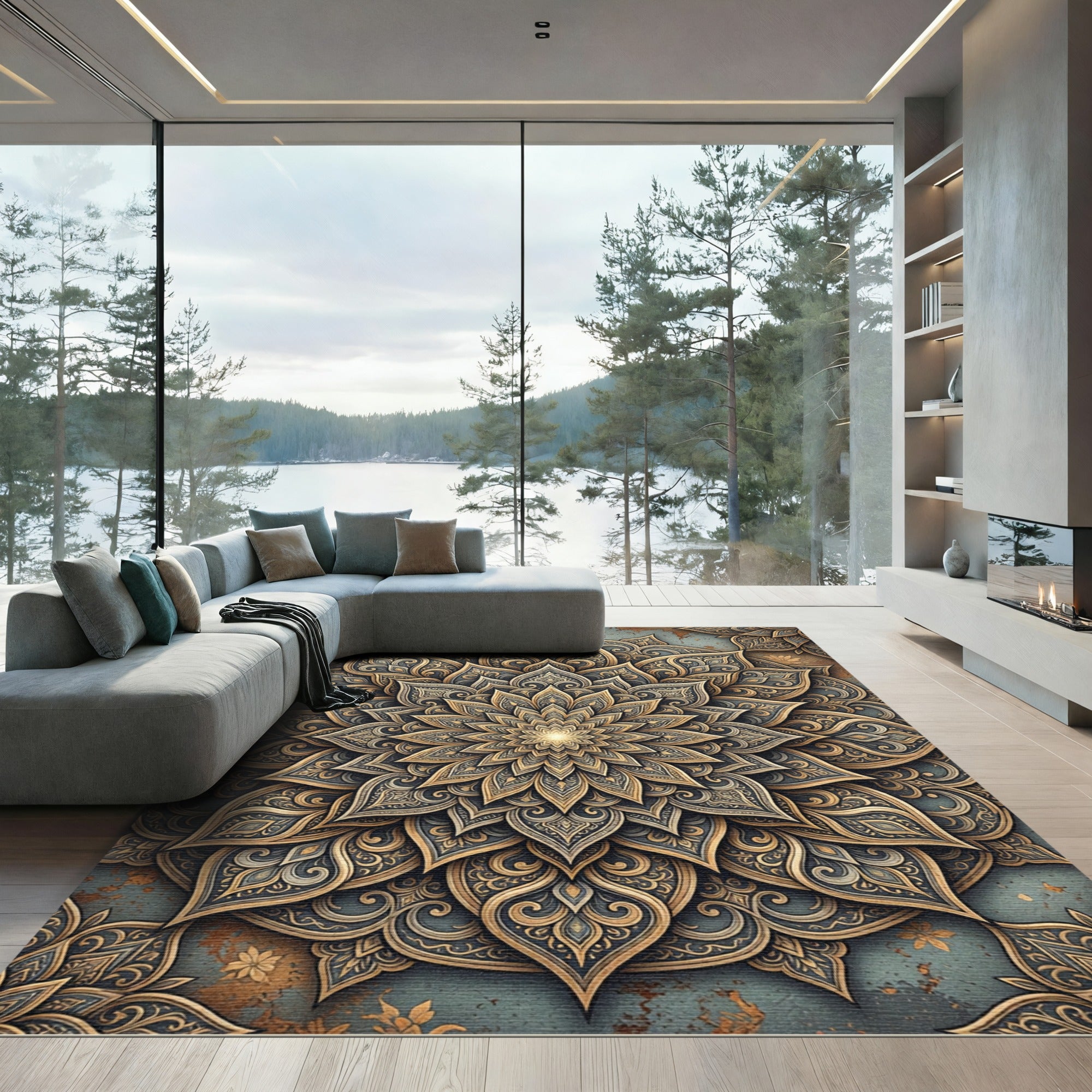 Gilded Slate Floral Mandala Medallion Rug